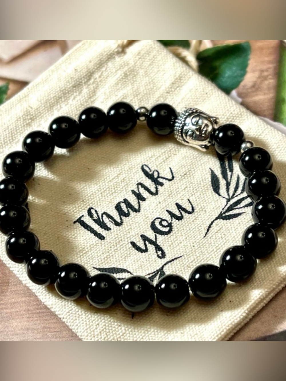 Black agate  Beaded Bracelet with Silver Buddha Accent